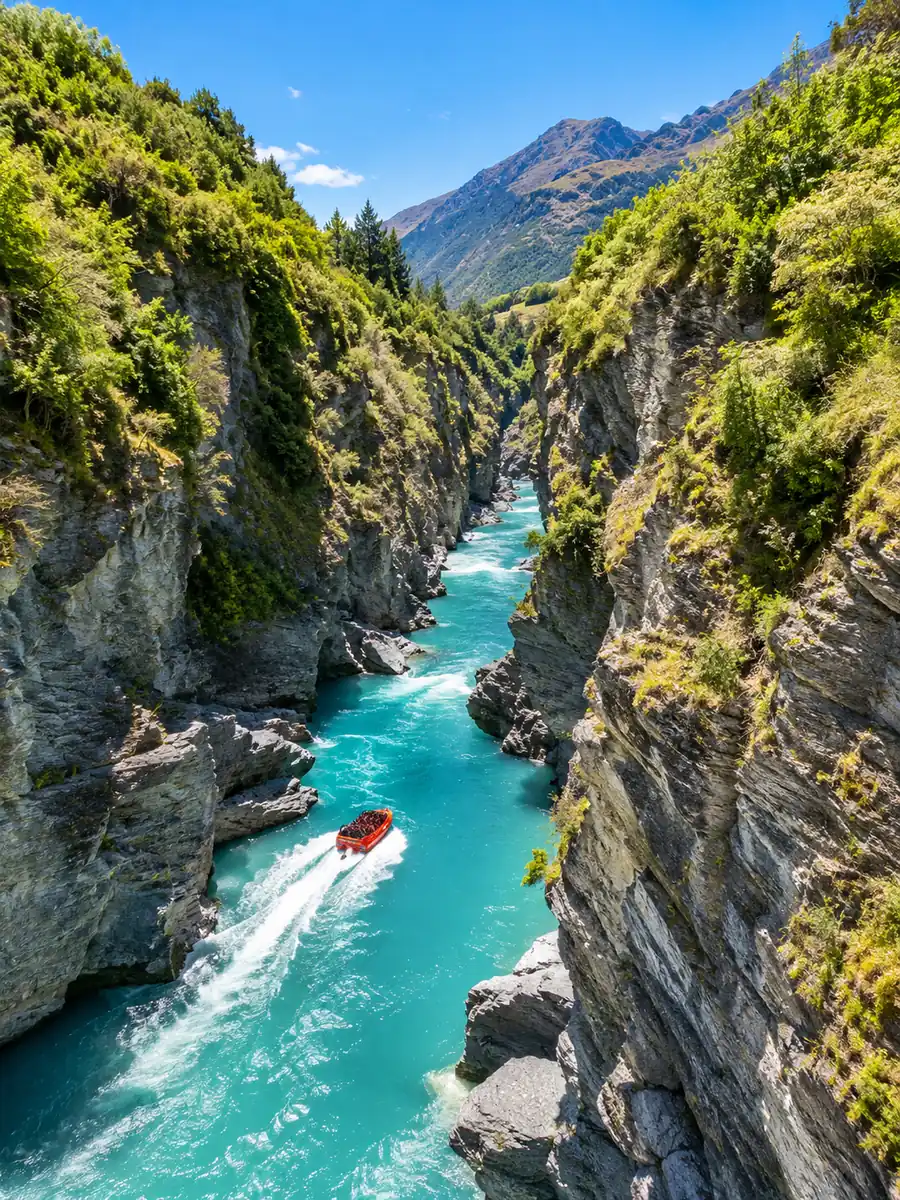 Un jet boat rouge filant dans une gorge turquoise étroite entre des falaises verdoyantes