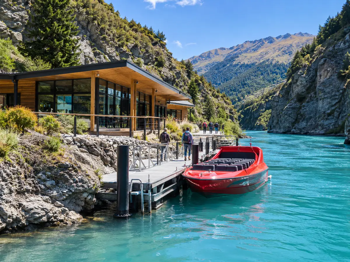A timber river base with a jetty and a red jet boat on a turquoise river
